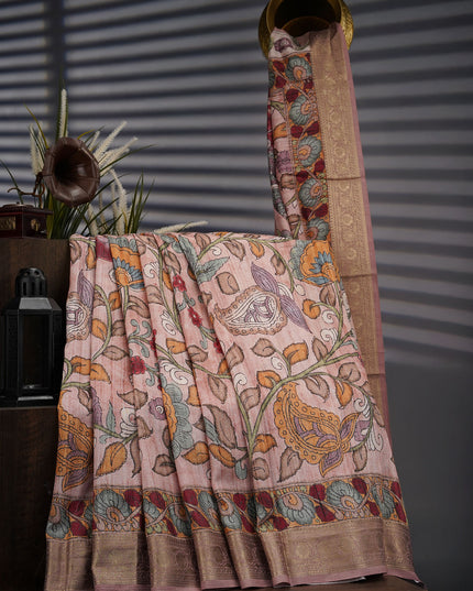 Tusser Saree Kalamkari With Kanchi Border - Onion Pink