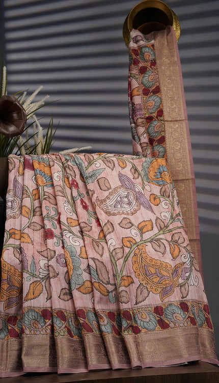 Tusser Saree Kalamkari With Kanchi Border - Onion Pink