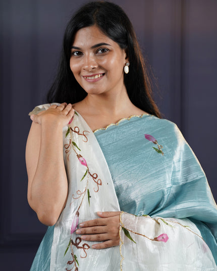 Russian Silk Saree Hand Painting Design With Kardana & Sequence Work Scallop Border With Pearl Work- Sky blue