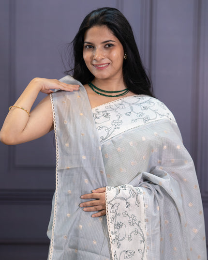 Silk Kota Saree with Digital Print  and Lace Border