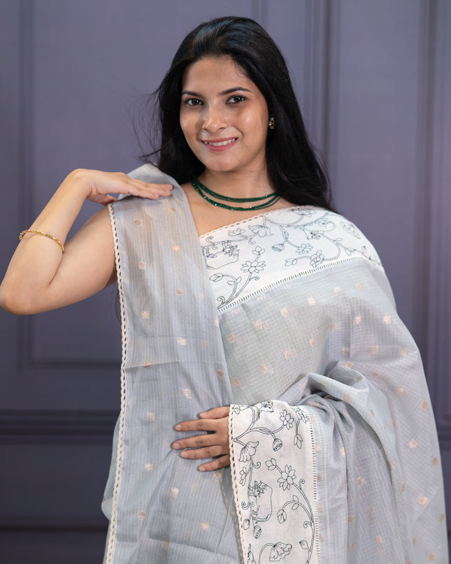 Silk Kota Saree with Digital Print  and Lace Border