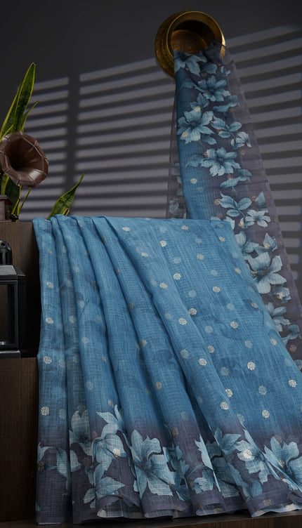 Silk Kota Saree With Gold Waving Butties And Floral Print Border - Sea Blue