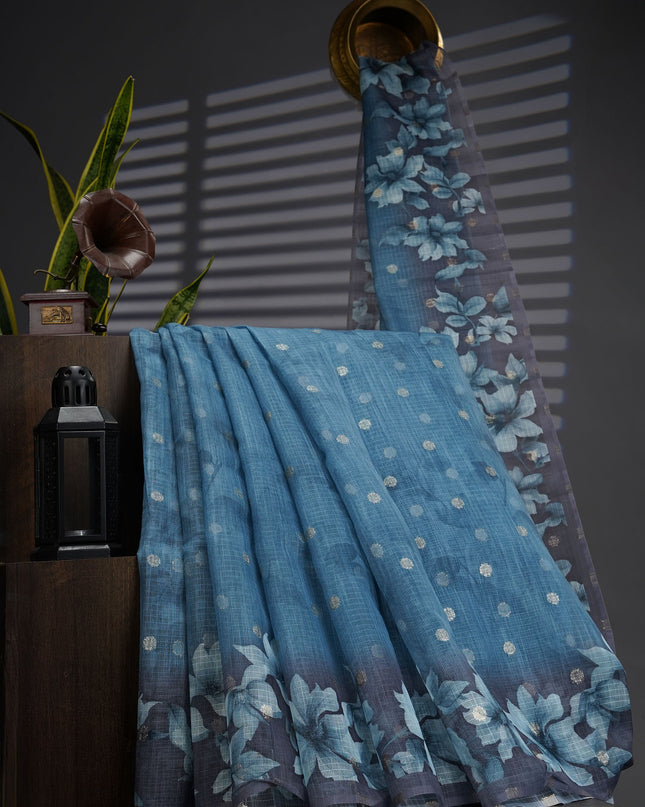 Silk Kota Saree With Gold Waving Butties And Floral Print Border - Sea Blue