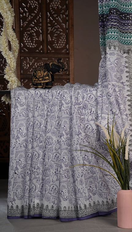 Mul cotton saree with Warli print - White