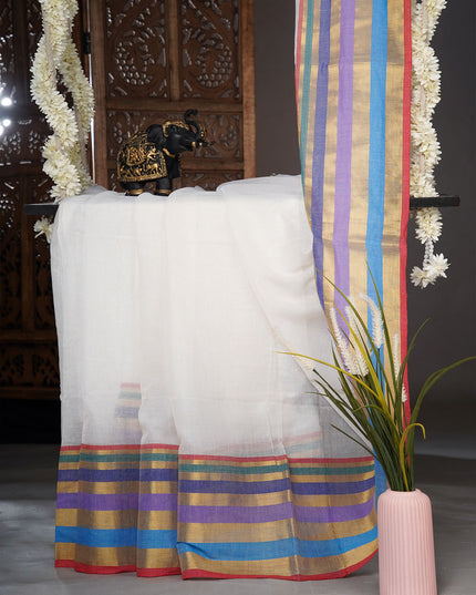 Mul Cotton Sarees with multi-colored striped border - White