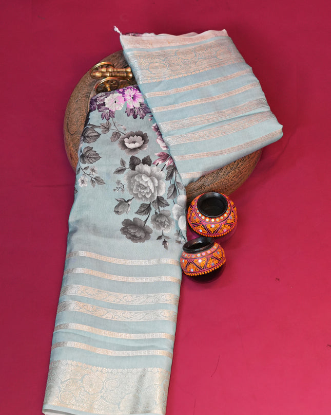 Munga silk Saree with Centre print horizontal Zari lines - Sage Green