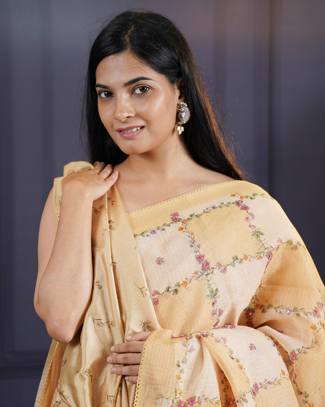 Kota Silk Saree with Floral Print and Knot Work-Beige