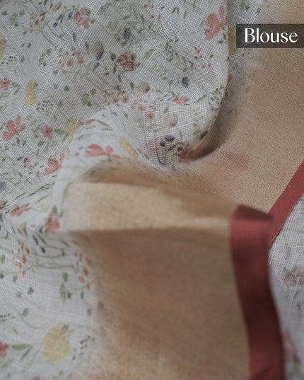 Tissue linen silk saree floral print with not work - Beige & Yellow