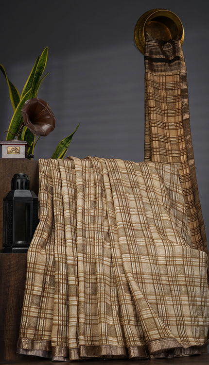 Muslin Silk With Gold Zari Border - Snuff