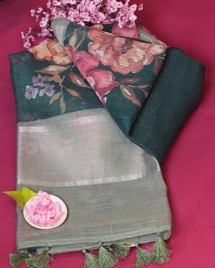 Linen silk saree floral Print contrast Border - Green