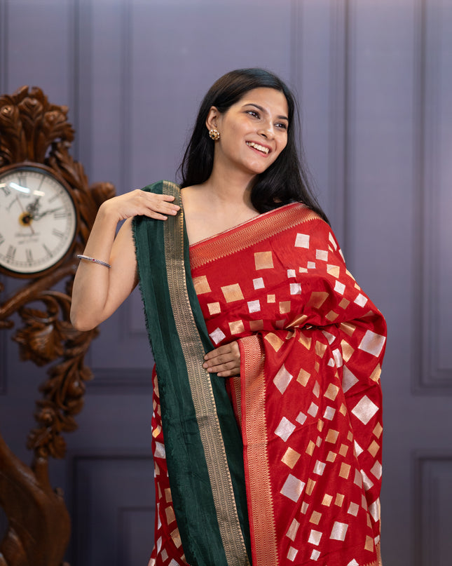 Banaras Silk Saree Gold & Silver Zari Butties and Border - Red