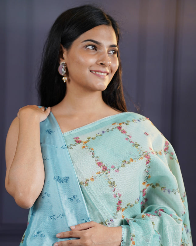 Kota Silk Saree with Floral Print and Knot Work- Light Blue