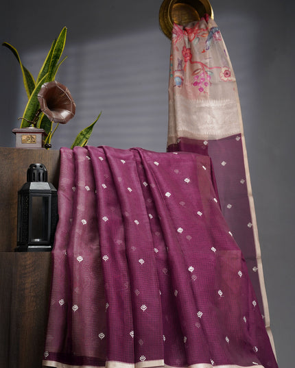 Silk Kota Saree With Allover Silver Zari Butties And Gold Border - Wine