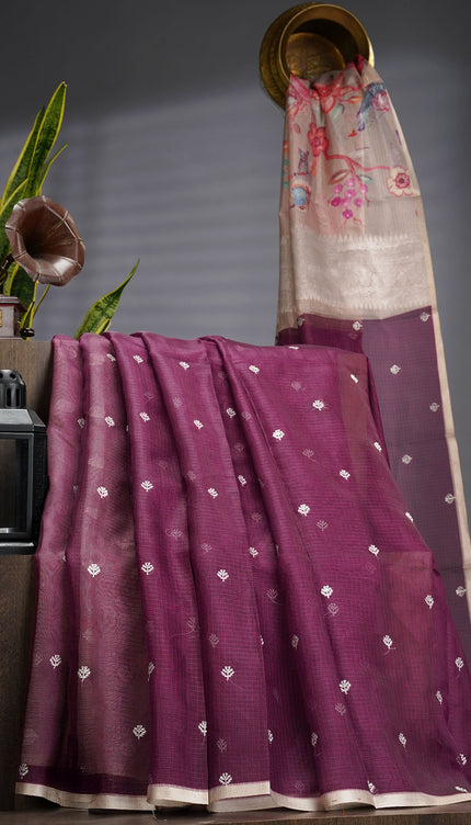 Silk Kota Saree With Allover Silver Zari Butties And Gold Border - Wine