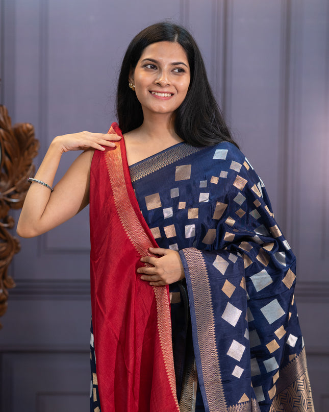 Banaras Silk Saree Gold & Silver Zari Butties and Border - Navy Blue