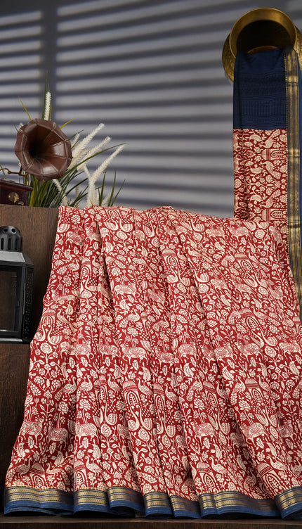 Muslin Silk With Allover Digital Print With Contrast Border - Maroon