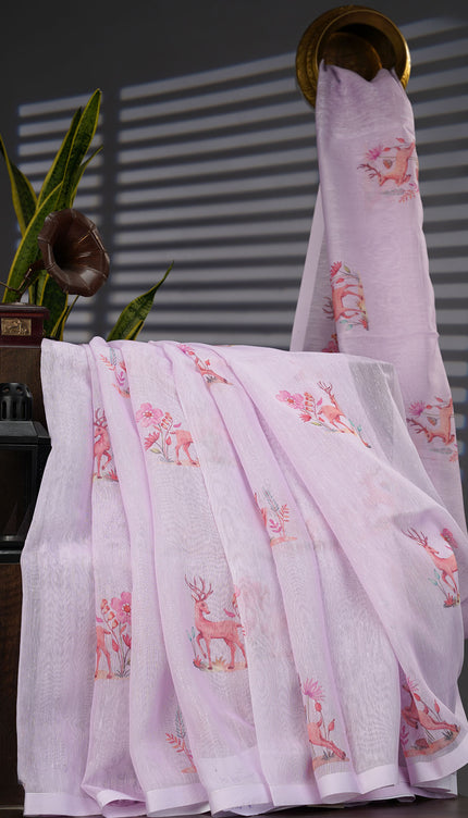 Linen Silk With Printed Butties - Baby Pink