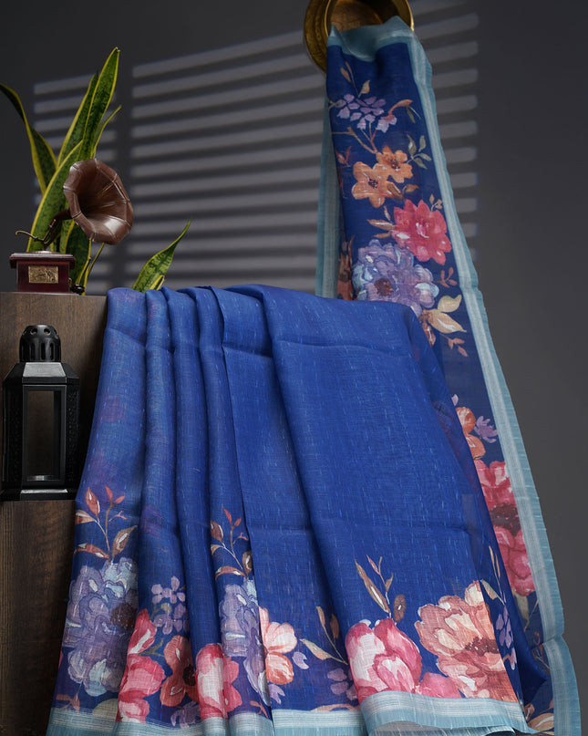 Linen Silk Floral Pallu With Silver Zari Border - Blue