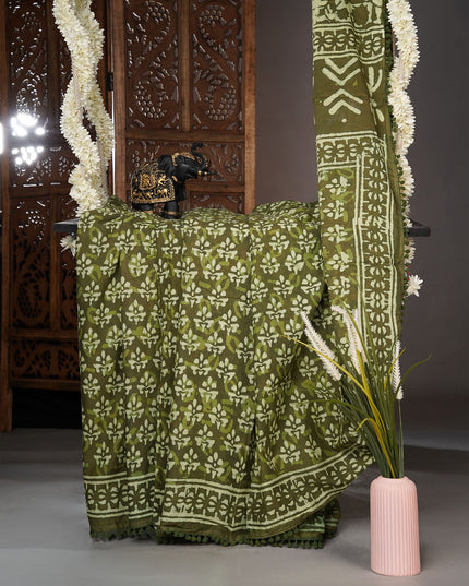 Cotton saree with block print and lace border  - Mehendi Green