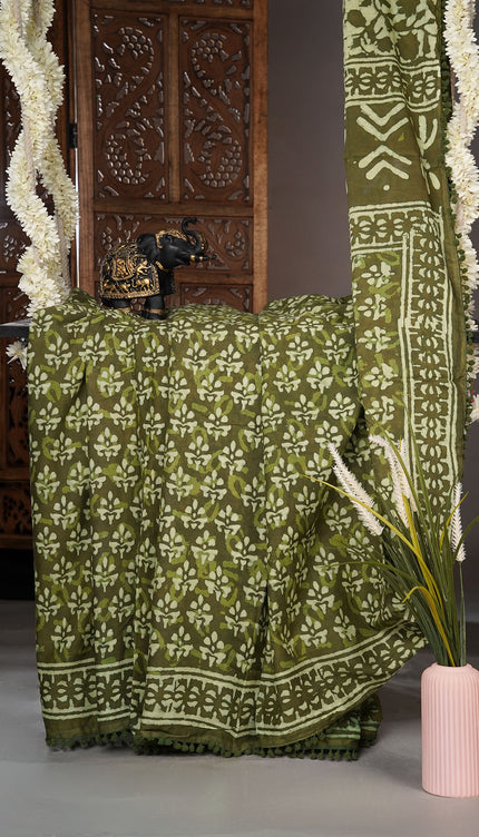 Cotton saree with block print and lace border  - Mehendi Green