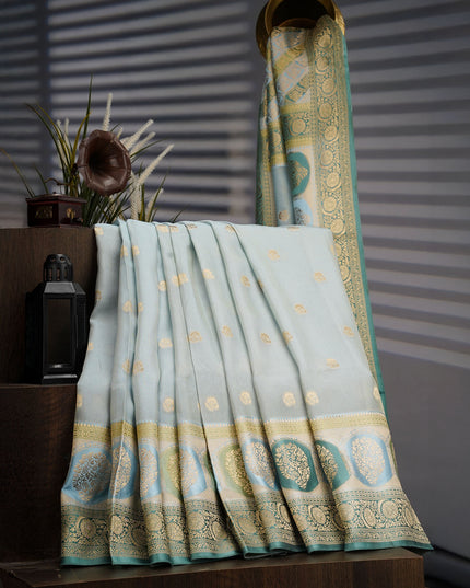 Tissue Banaras Saree with Golden Zari Butties and Contrast Border- Light Blue
