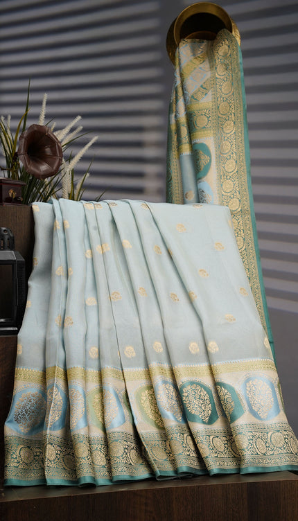 Tissue Banaras Saree with Golden Zari Butties and Contrast Border- Light Blue