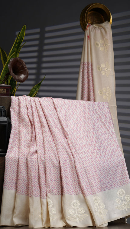 Semi Tusser Silk Saree With Contrast Border And Thread Embroidery Butties -  Beige Pink