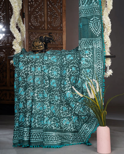 Cotton saree with block print and lace border - Teal Green