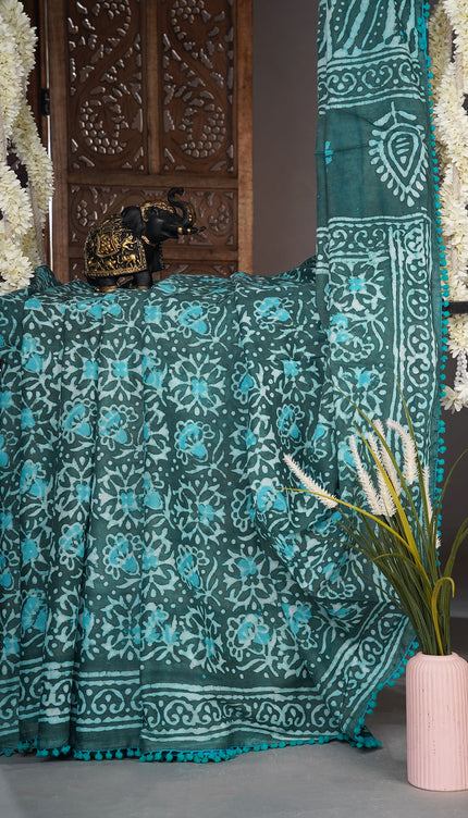 Cotton saree with block print and lace border - Teal Green