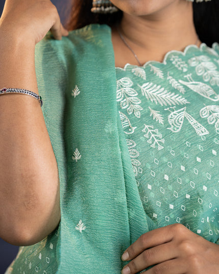 Soft Crush Tissue Saree With  Thread Embroidery Work and Scallop Border- Sage Green