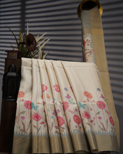 Tusser Weaving Checks Floral Print with Golden Border- White Green