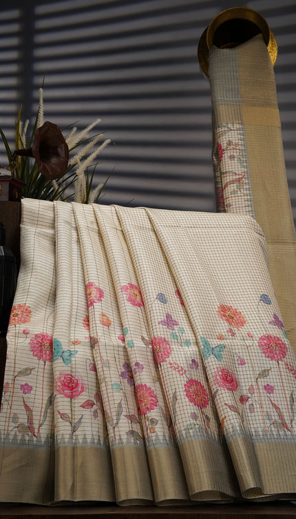 Tusser Weaving Checks Floral Print with Golden Border- White Green