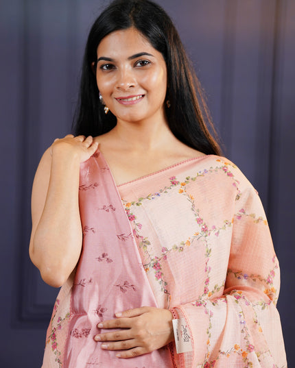 Kota Silk Saree with Floral Print and Knot Work- Peach