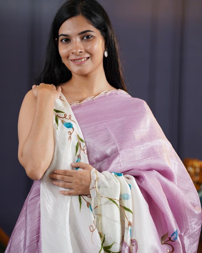 Russian Silk Saree Hand Painting Design With Kardana & Sequence Work Scallop Border With Pearl Work - Cream & Lavender