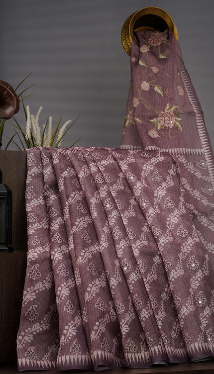 Silk Kota Lehariya Design With Mirror Work - Brown