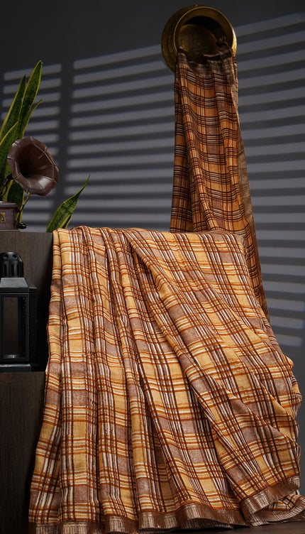 Muslin Silk With Gold Zari Border - Brown