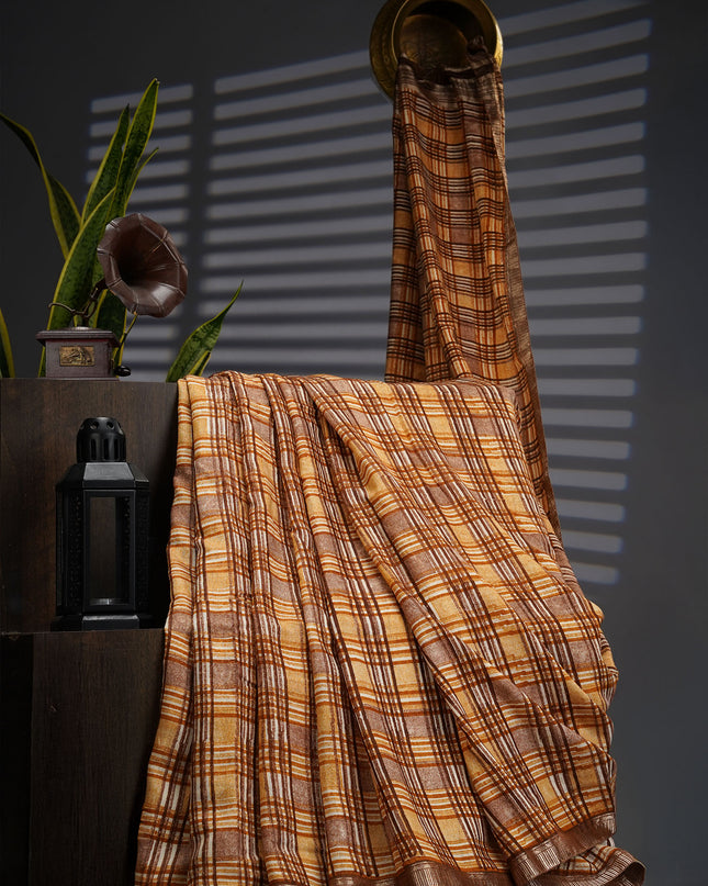 Muslin Silk With Gold Zari Border - Brown