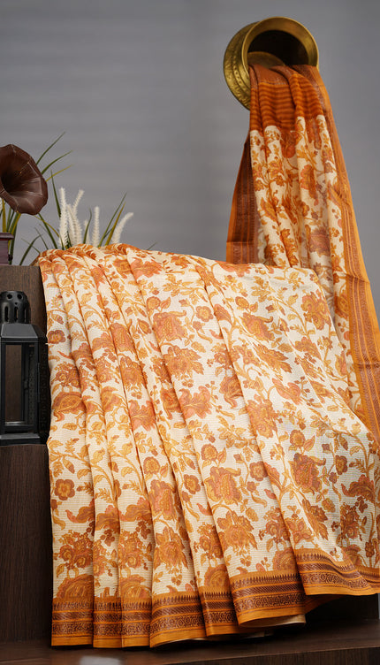 Chanderi Silk Allover Print With Antique Zari Border - Mustard