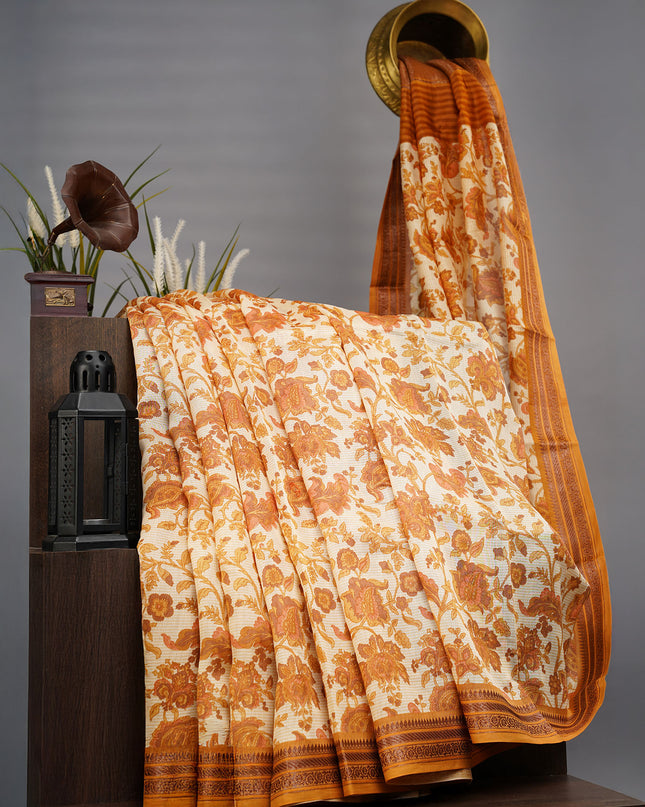 Chanderi Silk Allover Print With Antique Zari Border - Mustard