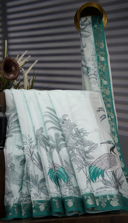 Silk Kota Saree With Digital Print And Contrast Border - L Green