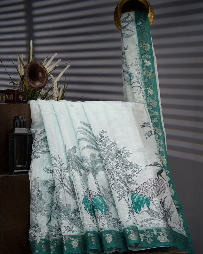 Silk Kota Saree With Digital Print And Contrast Border - L Green