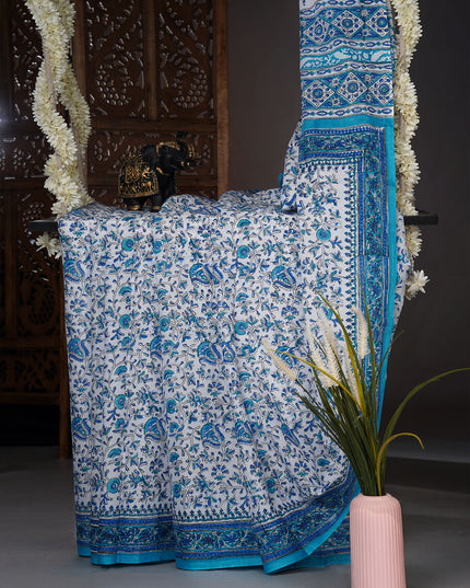 Mul cotton saree with floral  block printed and contrast border - White