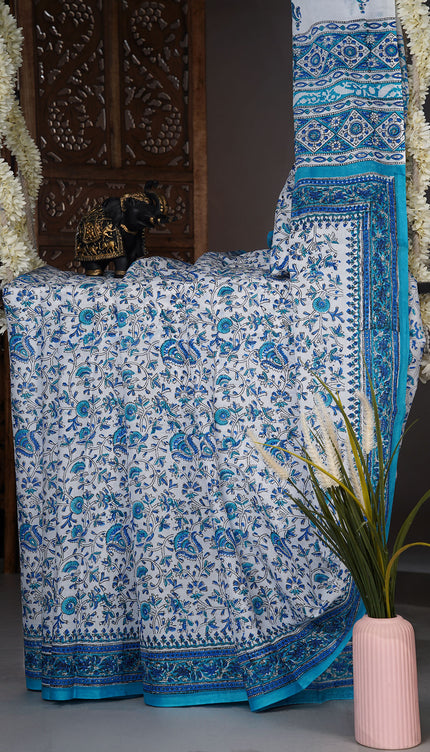 Mul cotton saree with floral  block printed and contrast border - White