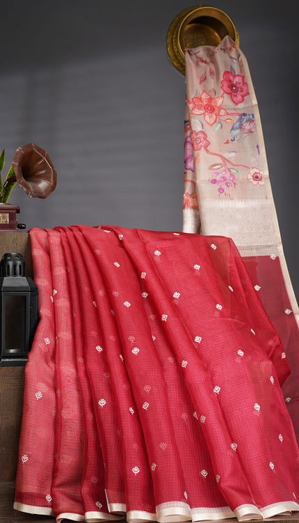Silk Kota Saree With Allover Silver Zari Butties And Gold Border - Red