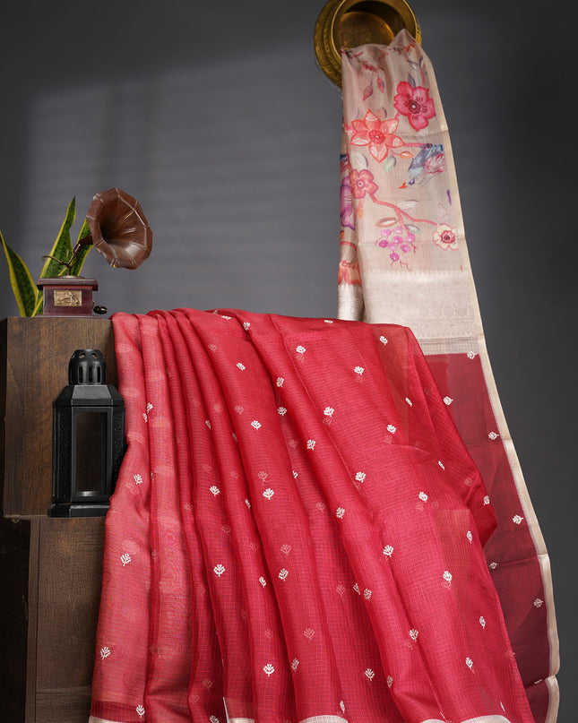 Silk Kota Saree With Allover Silver Zari Butties And Gold Border - Red