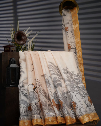 Kota Silk Saree With Digital Print And Contrast Border - Cream