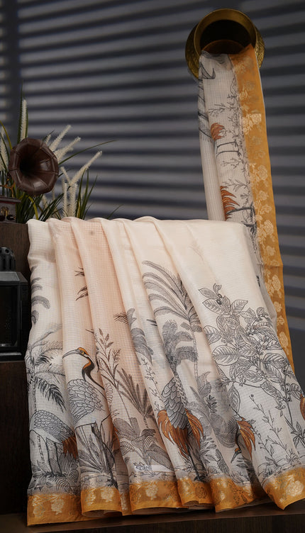 Kota Silk Saree With Digital Print And Contrast Border - Cream