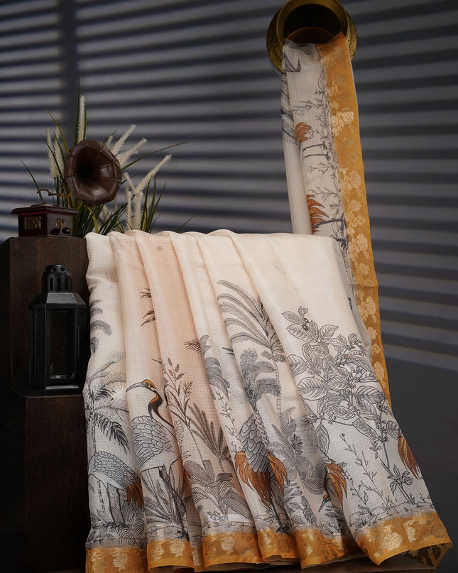 Kota Silk Saree With Digital Print And Contrast Border - Cream