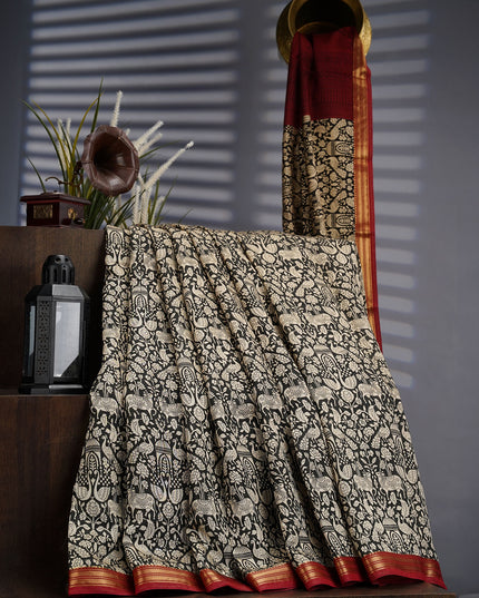 Muslin Silk Allover Digital Print with Contrast Border- Black