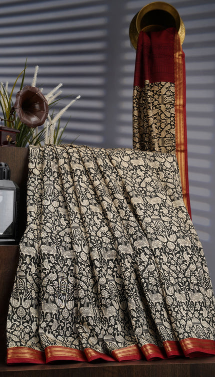 Muslin Silk Allover Digital Print with Contrast Border- Black